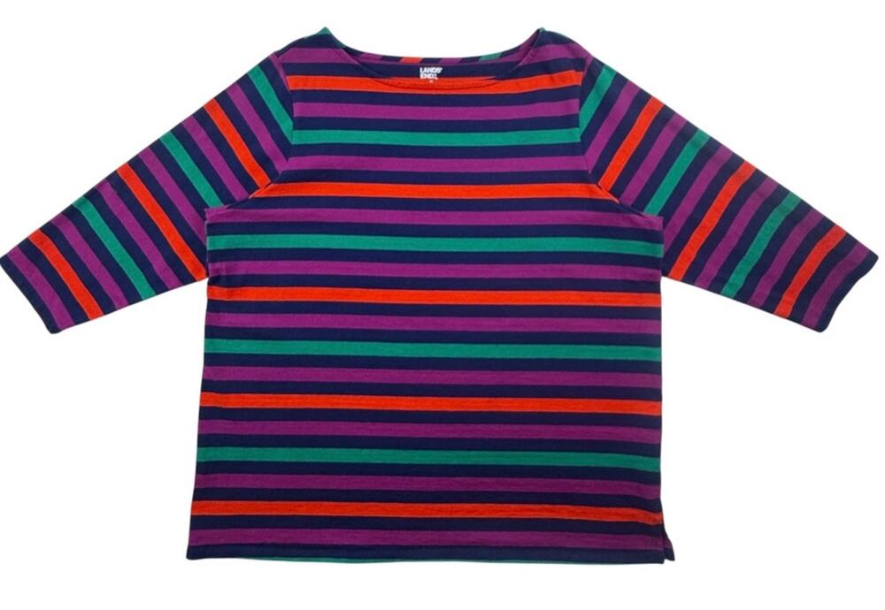 Lands End Tunic Boatneck 3/4 Sleeve Blue Purple Green Stripe Knit Top Womens 1X